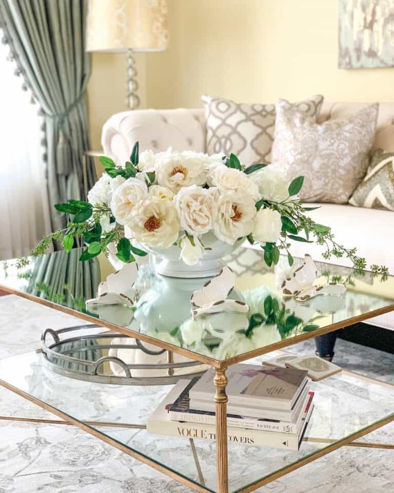 White Peonies on a Mirrored Coffee Table