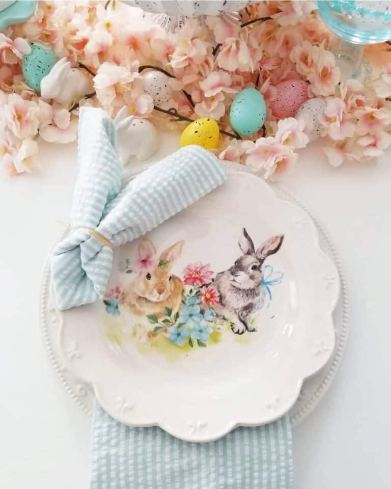 White Rabbit Plate and Colorful Easter Eggs