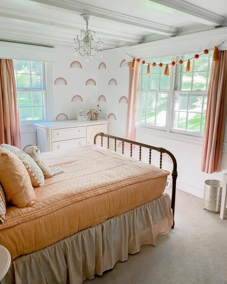 White Rainbow Bedroom With Pops of Orange