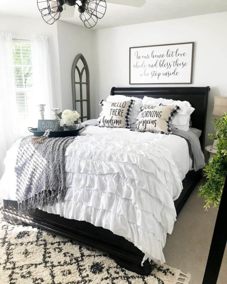 White Ruffled Bedding with Black Accents