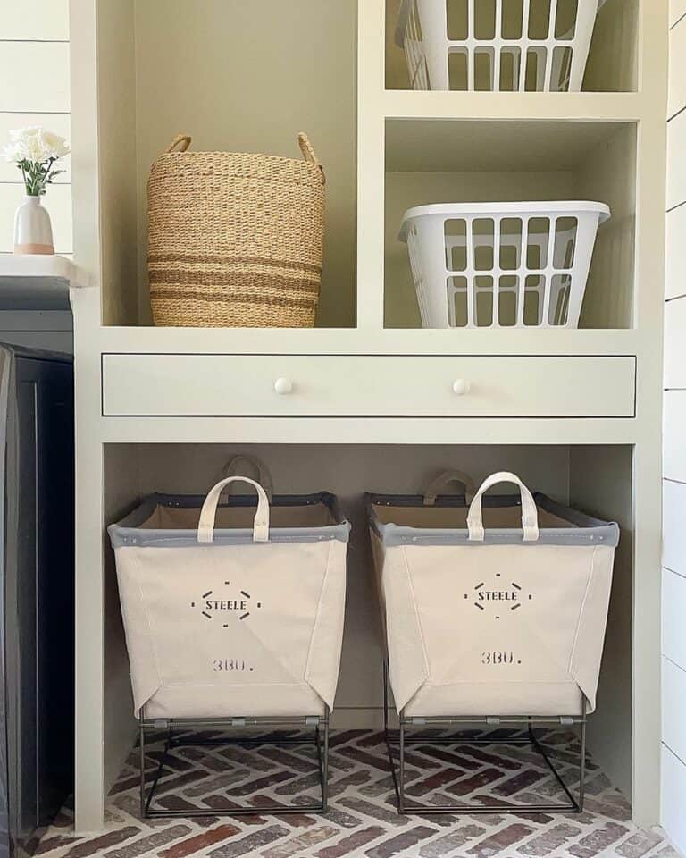 White Shelving Unit With Beige Canvas Laundry Carts