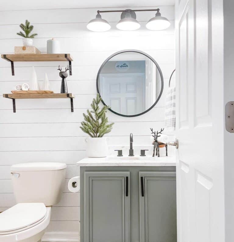 White Shiplap Bathroom With Black Mirror