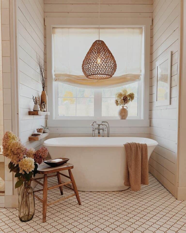 White Shiplap Bathroom With Freestanding Tub
