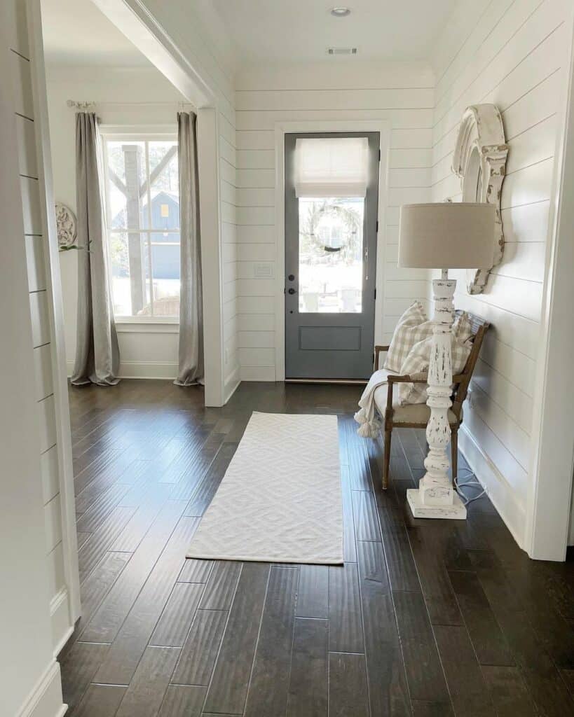 White Shiplap Entry With White Runner Rug