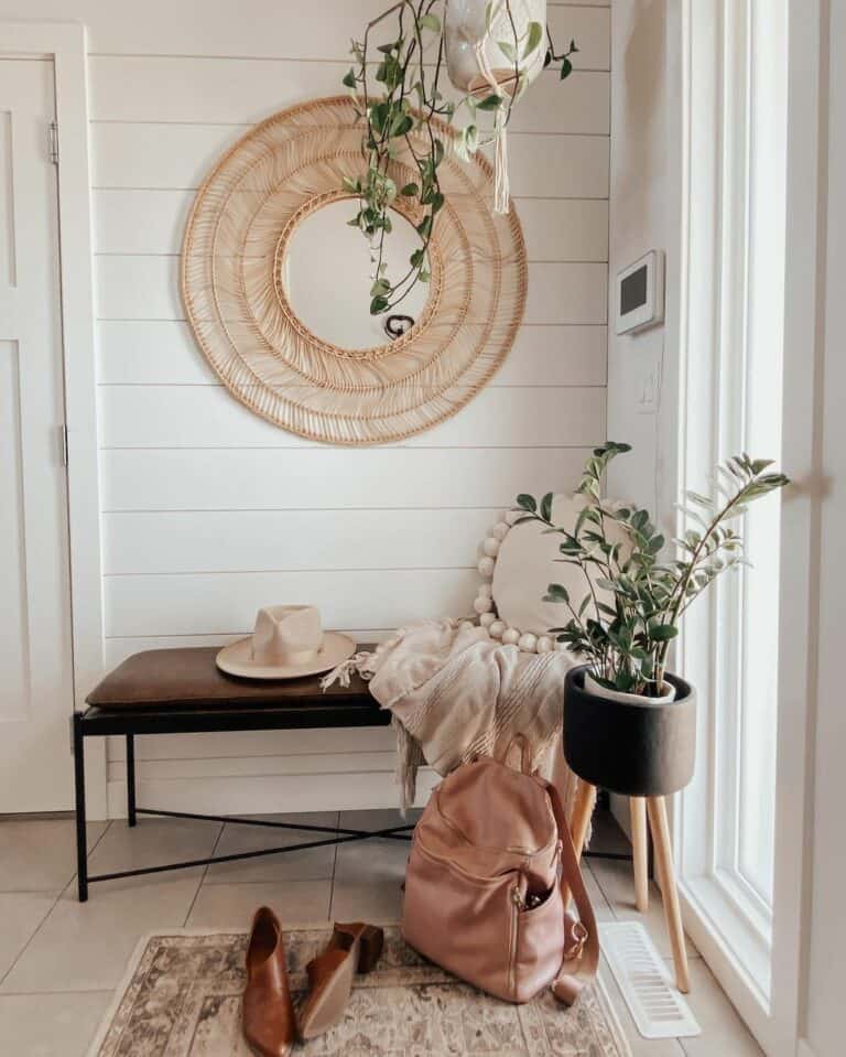 White Shiplap Entryway With Modern Bench