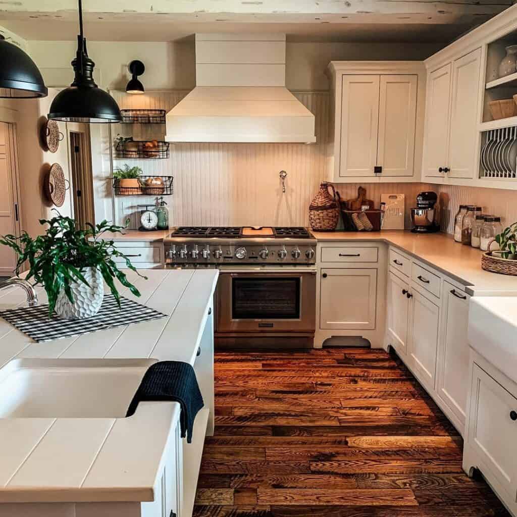 White Shiplap Farmhouse Kitchen With Rustic Accents