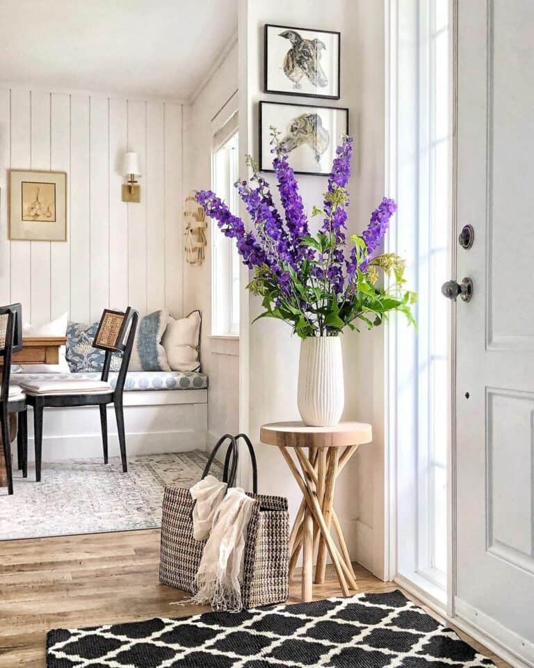 White Shiplap Foyer With Purple Flowers