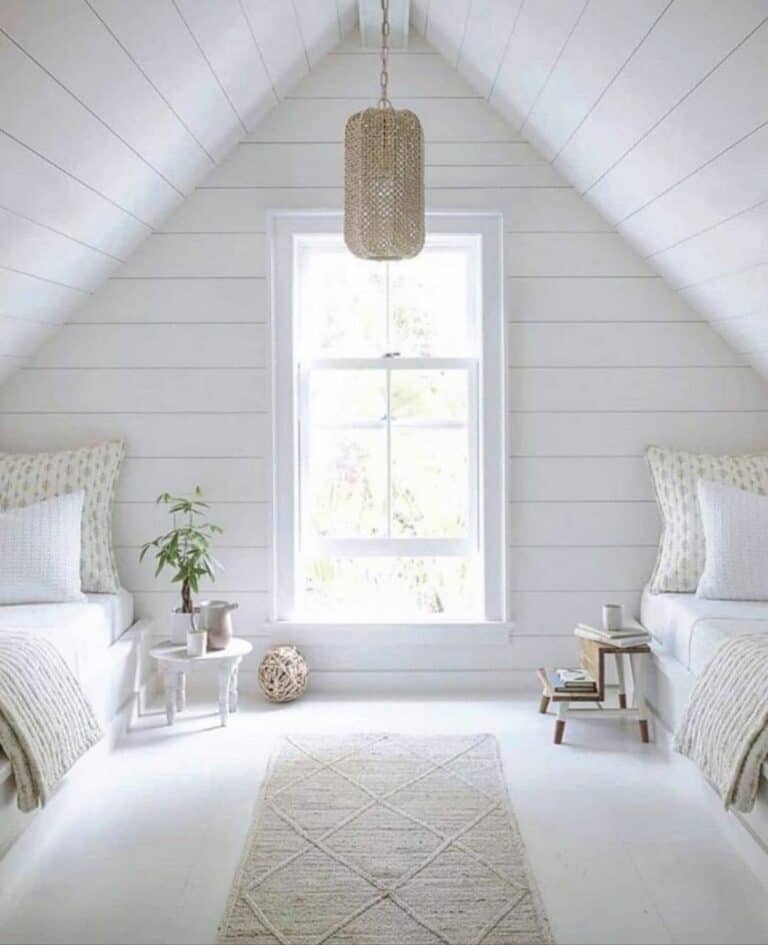 White Shiplap Low Sloped Ceiling Bedroom