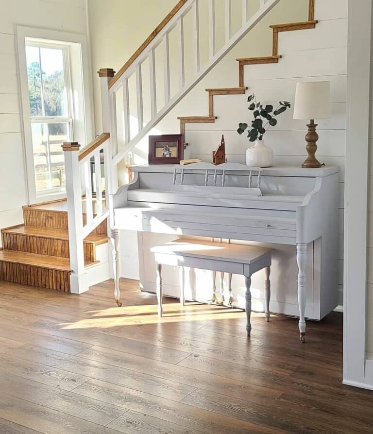 White Staircase With Piano