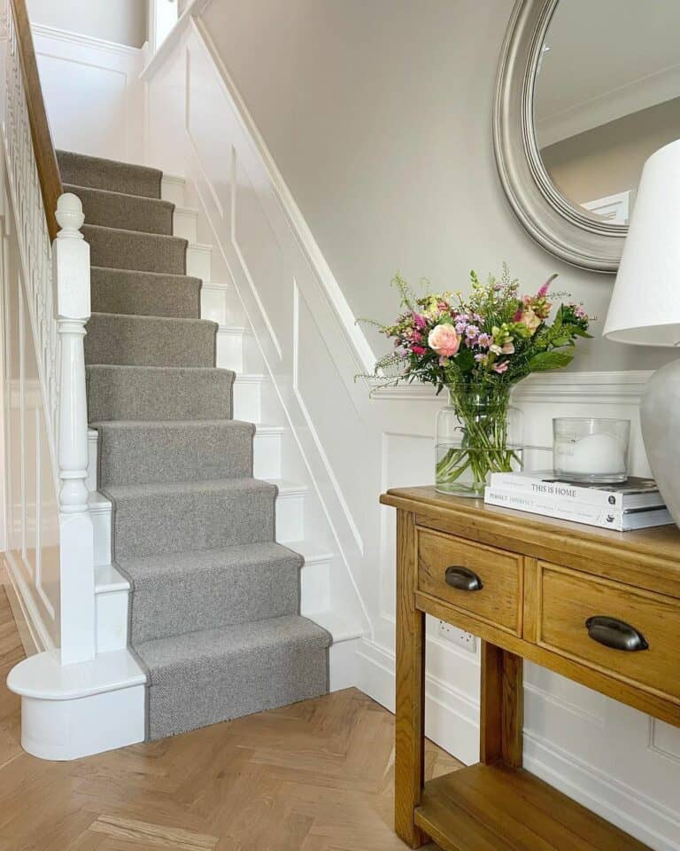 White Stairs With Pale Gray Runner