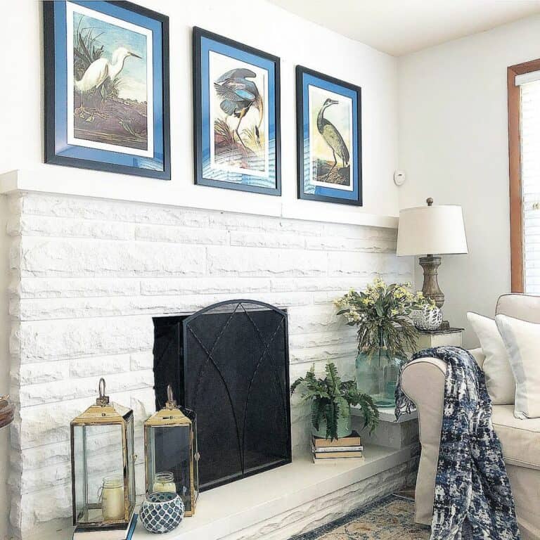 White Stone Fireplace With Summer Décor