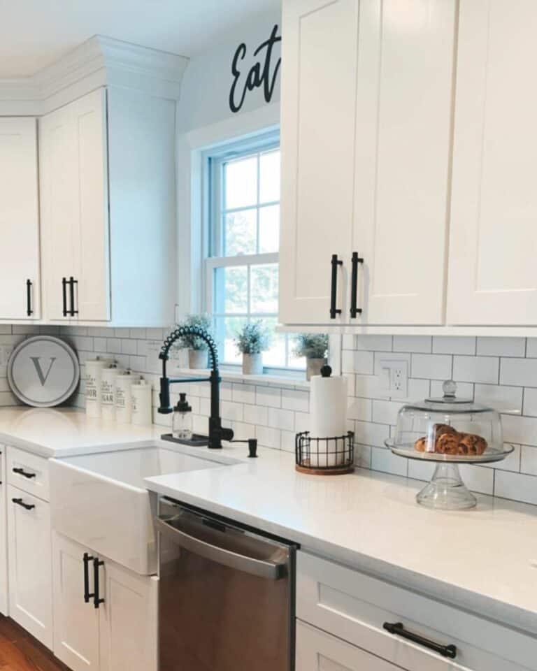 White Subway Tile Backsplash in Farmhouse Kitchen