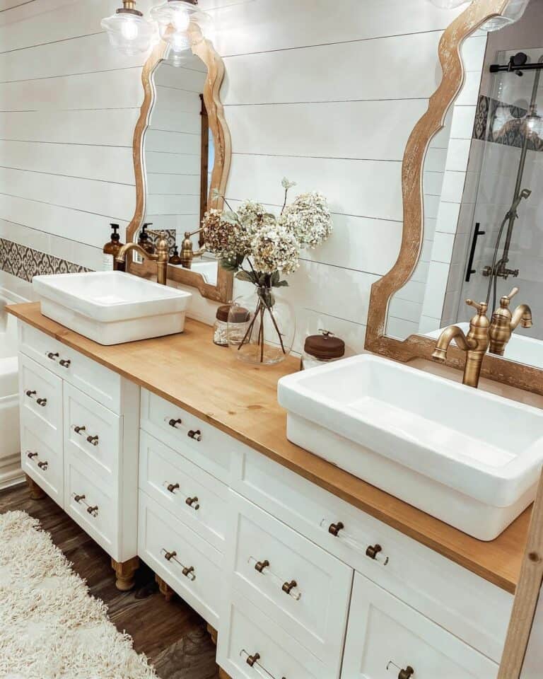 White Vessel Sinks With Brass Accents