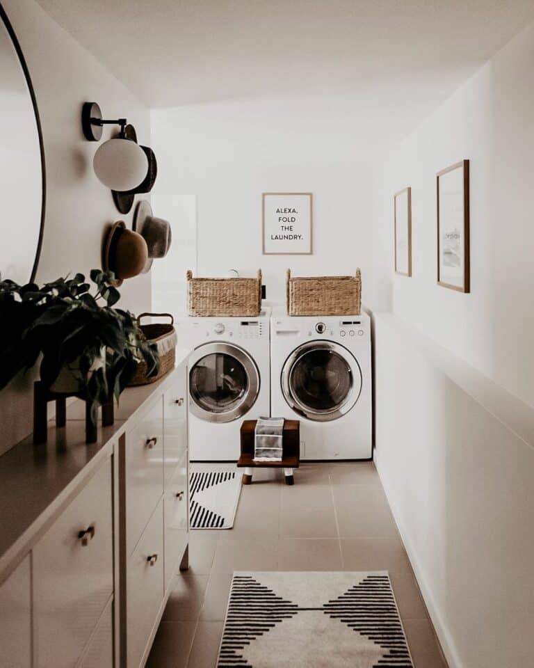 White Washer and Dryer With Rattan Laundry Baskets