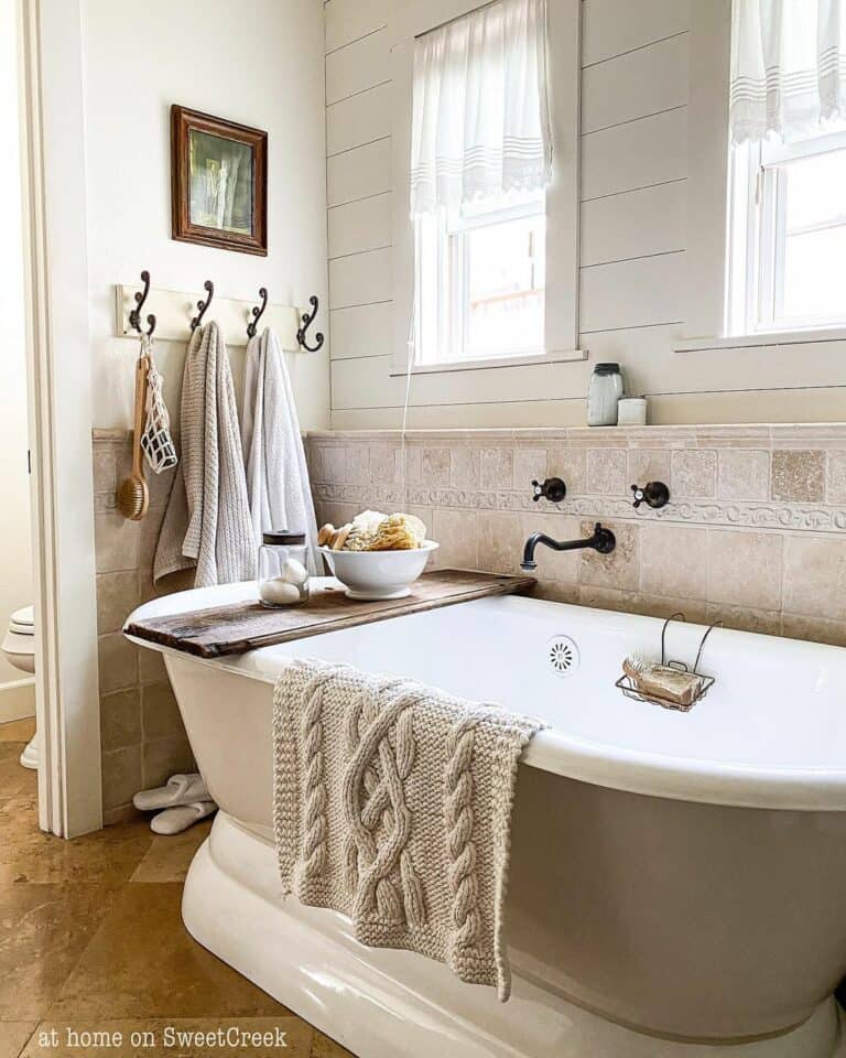 White and Beige Bathroom With Shiplap Wall