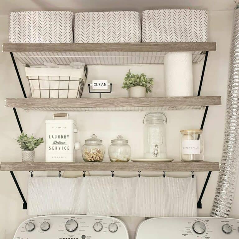 White and Black Metal Wire Shelves With Wood Trim