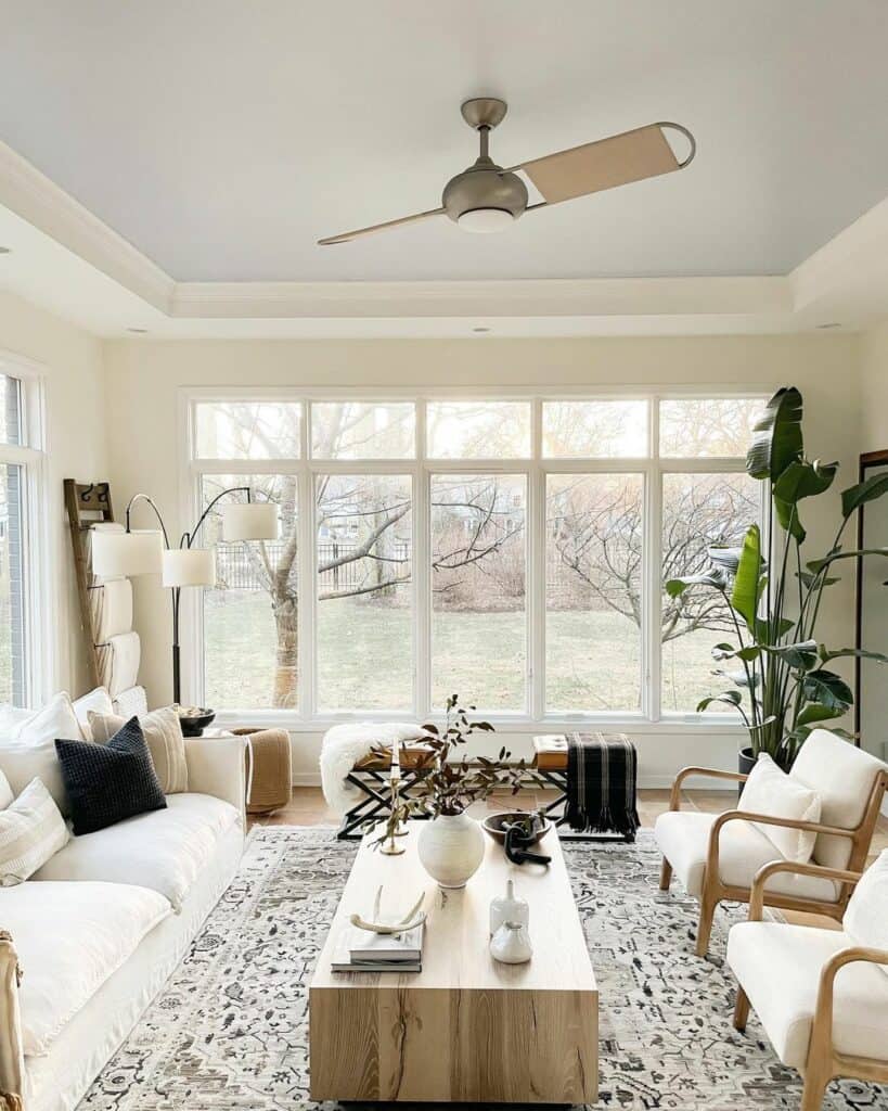 White and Brown Furniture Under a Gray Tray Ceiling