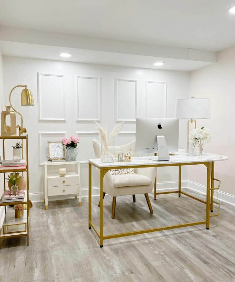White and Gold Basement Home Office