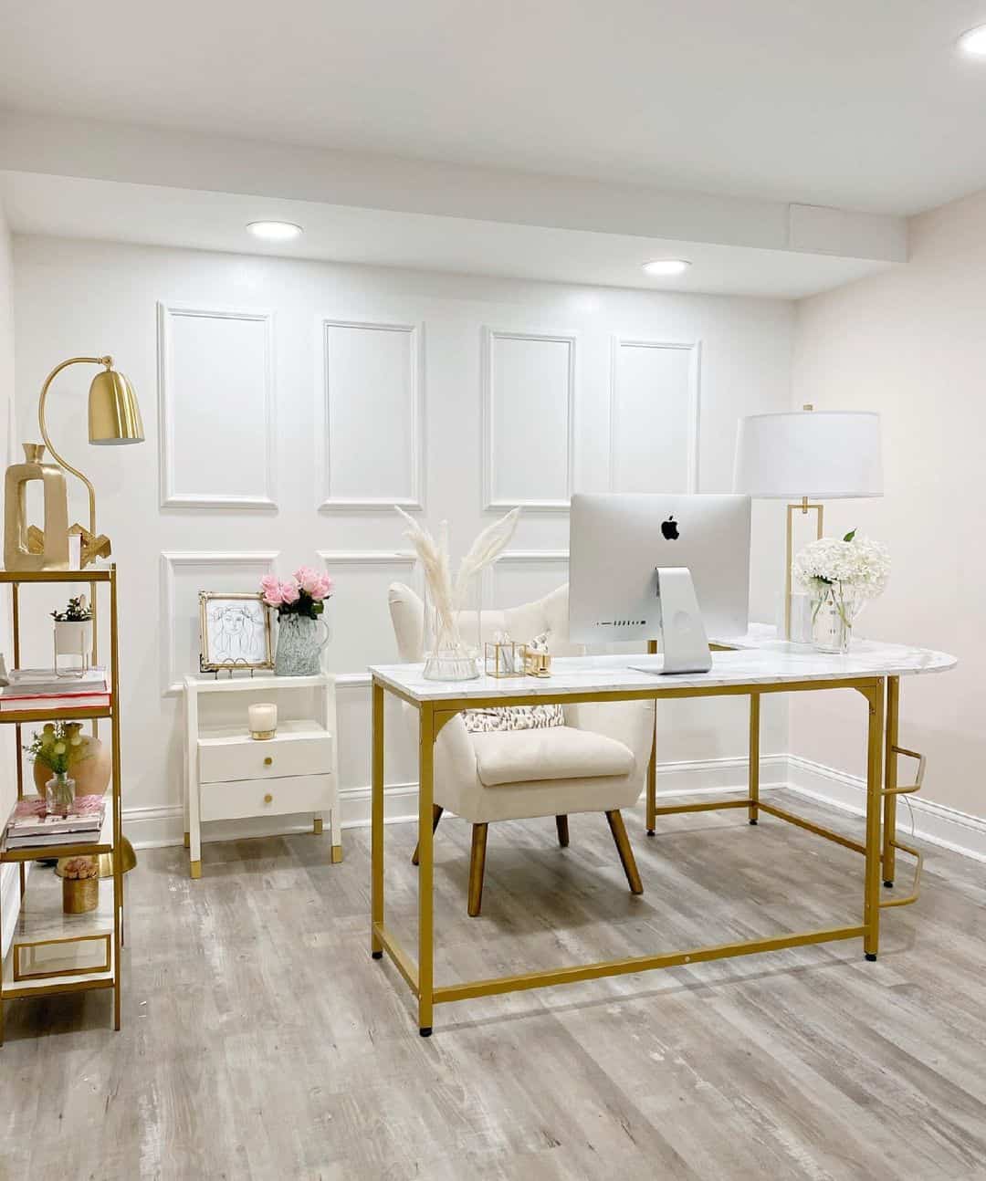White and Gold Basement Home Office Soul & Lane