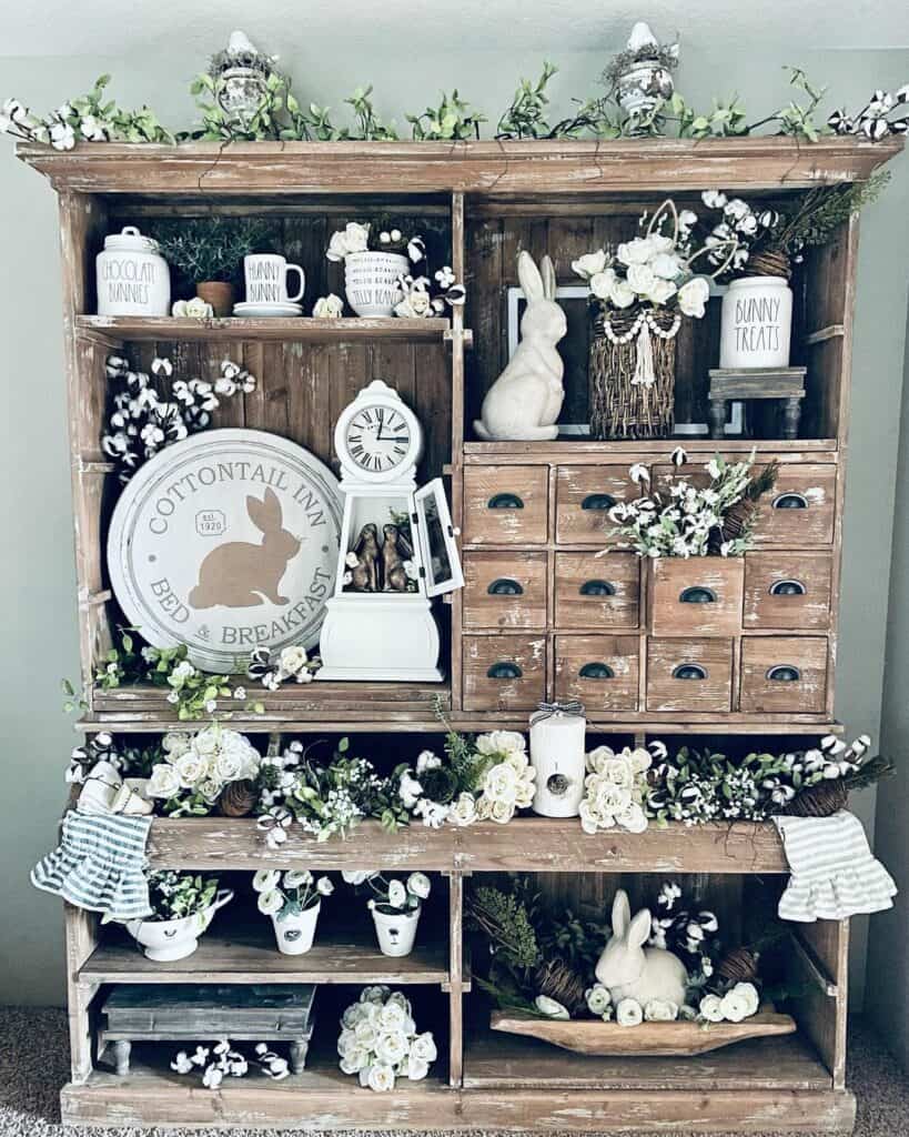 White and Green Easter Hutch Décor