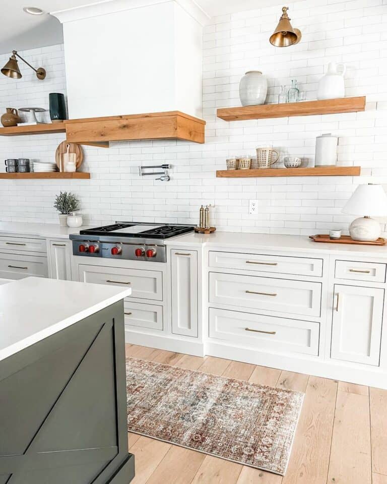 White and Wood Kitchen With White Tile Backsplash