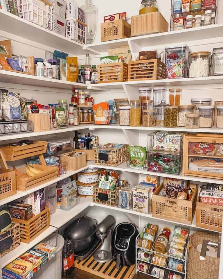 Wood Accents on White Pantry Shelves