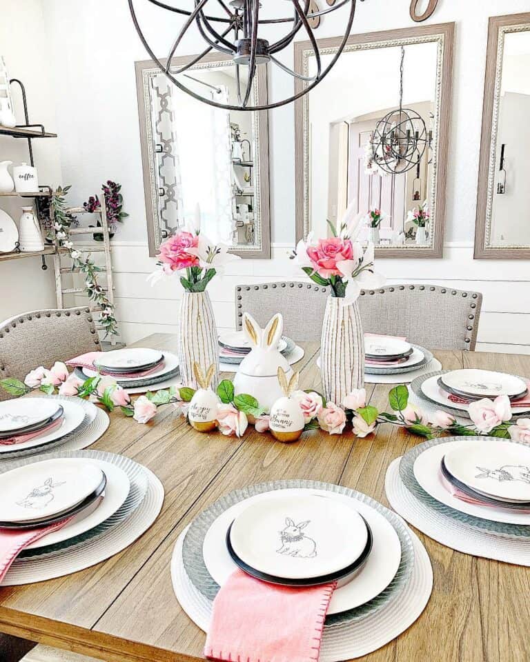 Wood Dining Table With White and Pink Easter Décor