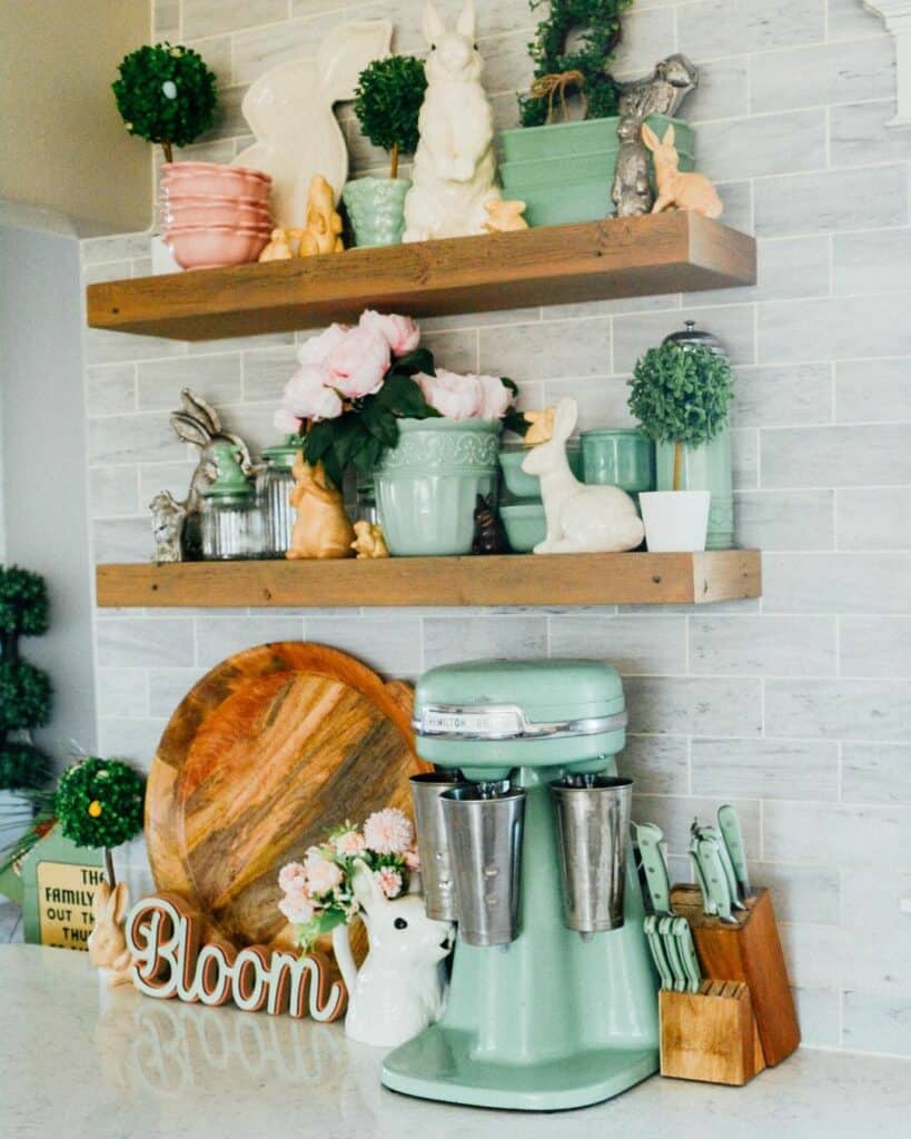 Wood Floating Shelves With Light Green Easter Décor