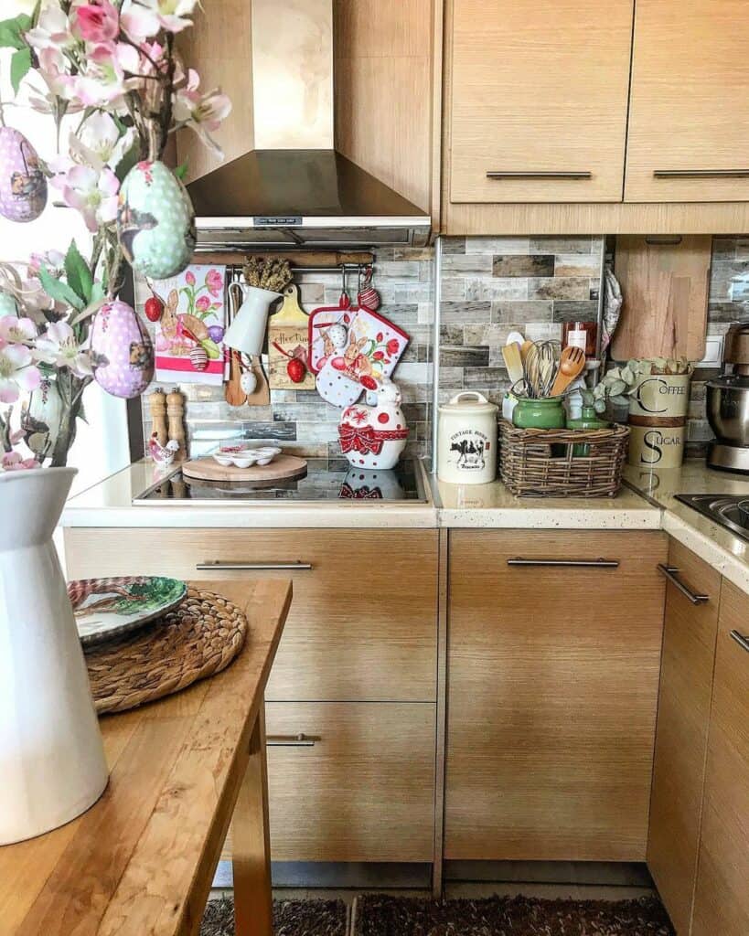 Wood Kitchen Cabinets With Red and White Easter Décor