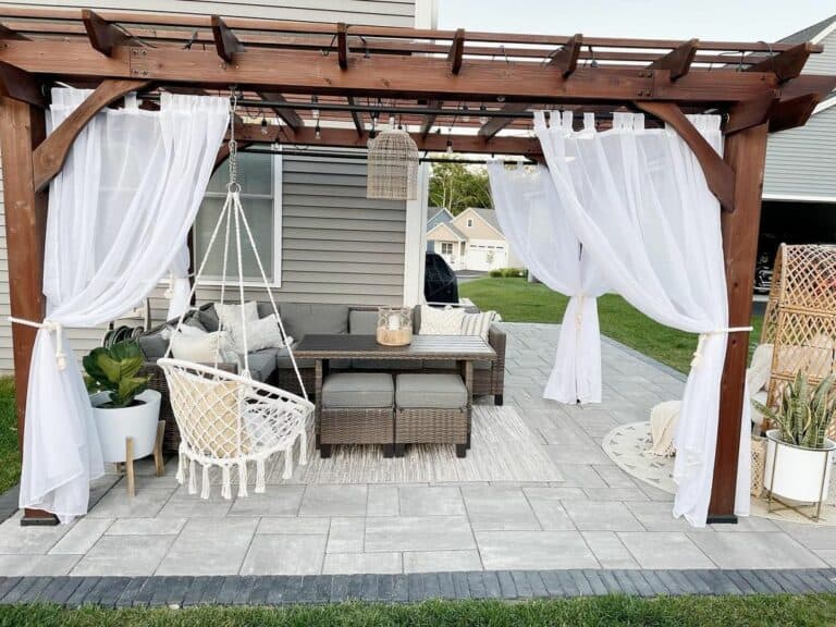 Wood Pergola With White Patio Curtains