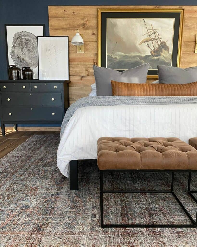 Wood Shiplap and Dark Charcoal Bedroom With Nautical Design