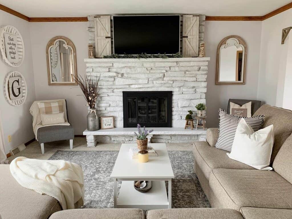 Wood Trim and a White Stone Fireplace