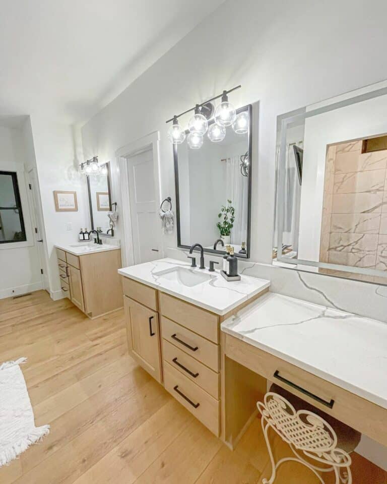 Wood and White Bathroom With Marble Countertop