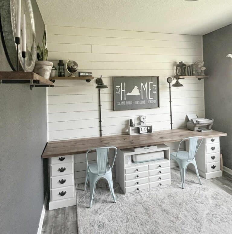 Wood and White Desk Between Gray Walls