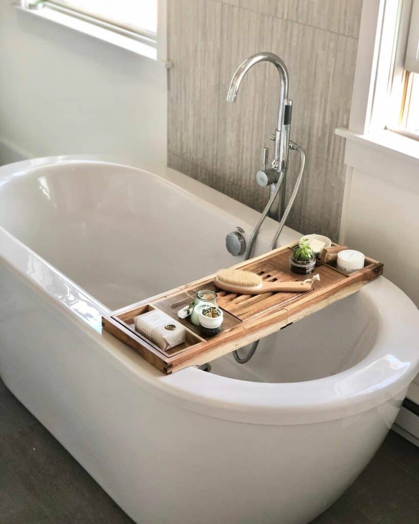 Wooden Bath Tray on Modern Tub