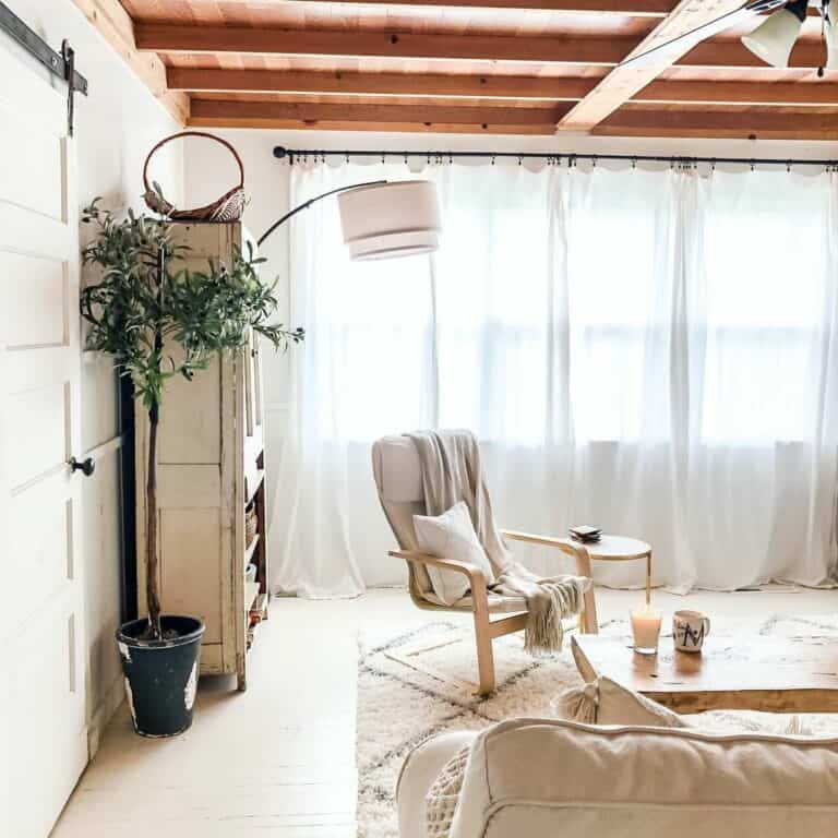Wooden Ceiling in Beige Living Room