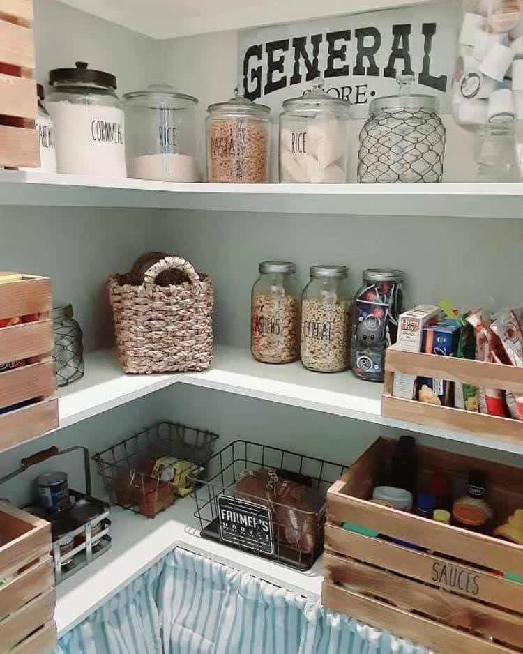Wooden Crates on Pantry Shelves