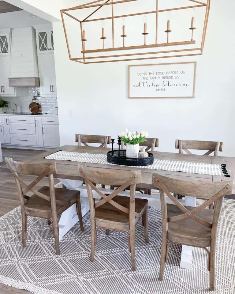 Wooden Dining Set and Brass Chandelier