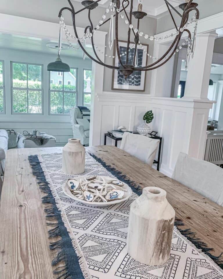 Wooden Dining Table with White and Blue Runner