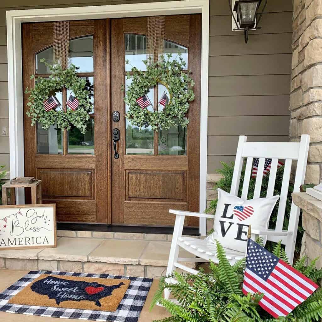 Wooden Double Door Porch With Matching Wreaths