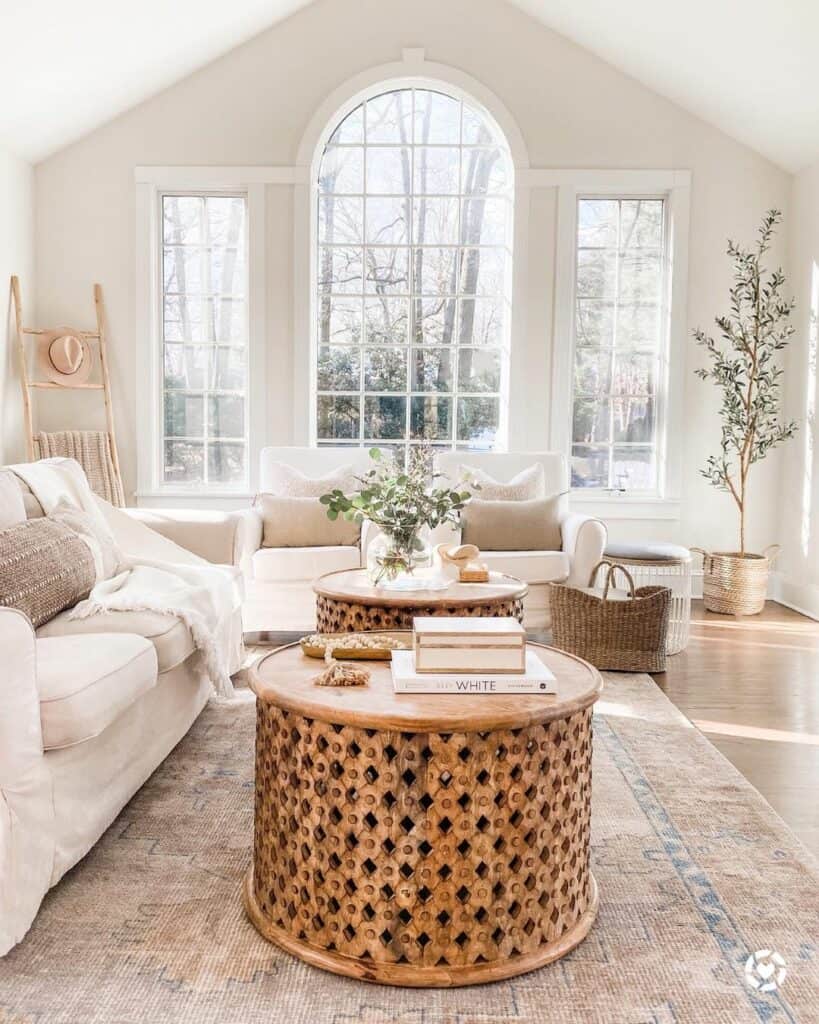 Wooden Drum Tables in Sloped Ceiling Room