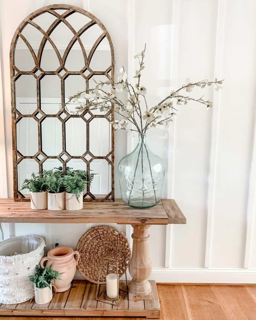 Wooden Entryway Table With Window Frame Mirror