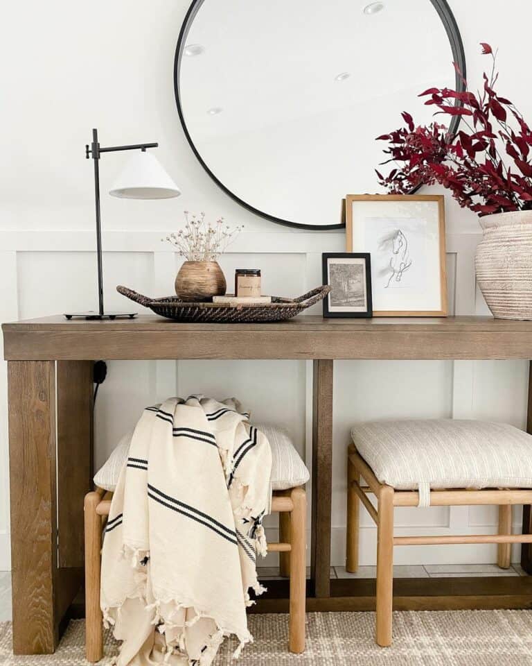 Wooden Farmhouse Console Table With Pop of Red