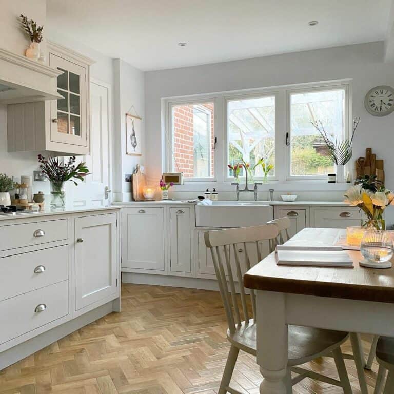 Wooden Herringbone Flooring in Neutral Kitchen