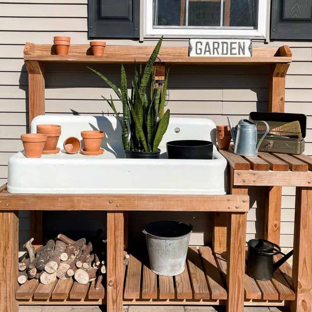 Wooden Potting Bench With Sink