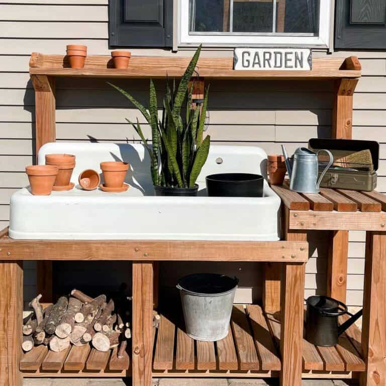 Wooden Potting Bench With Sink