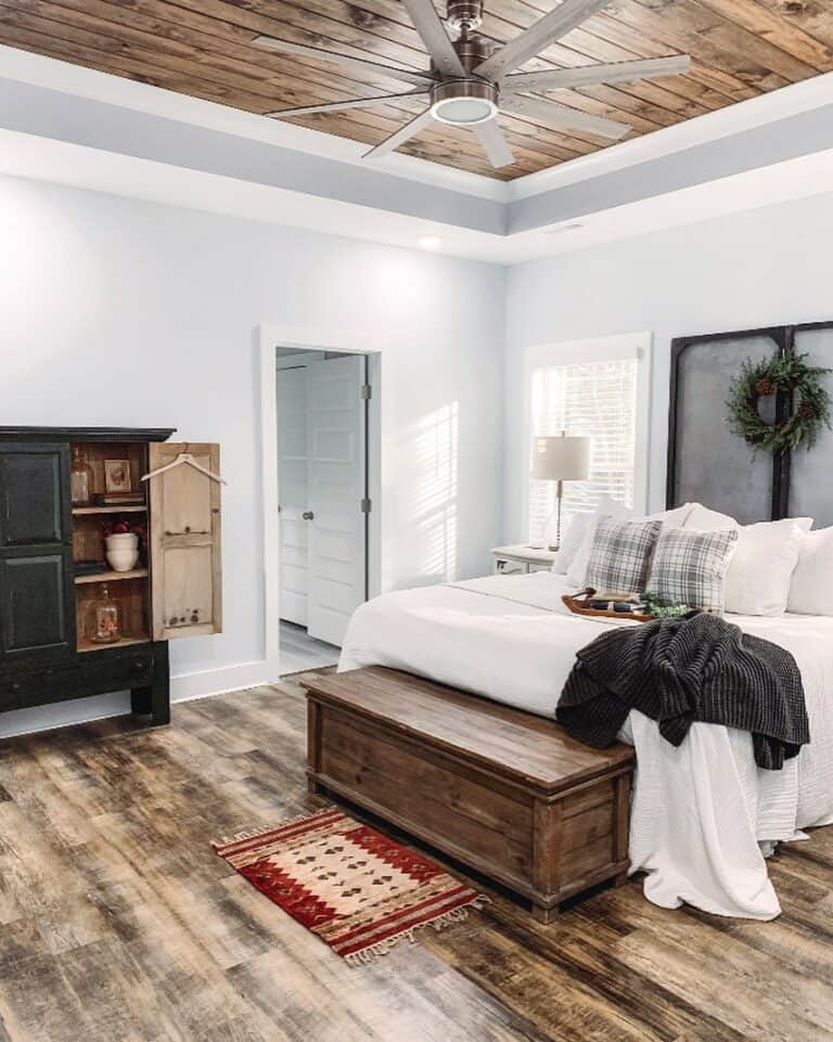 Wooden Shiplap Tray Ceiling in Farmhouse Bedroom Soul & Lane