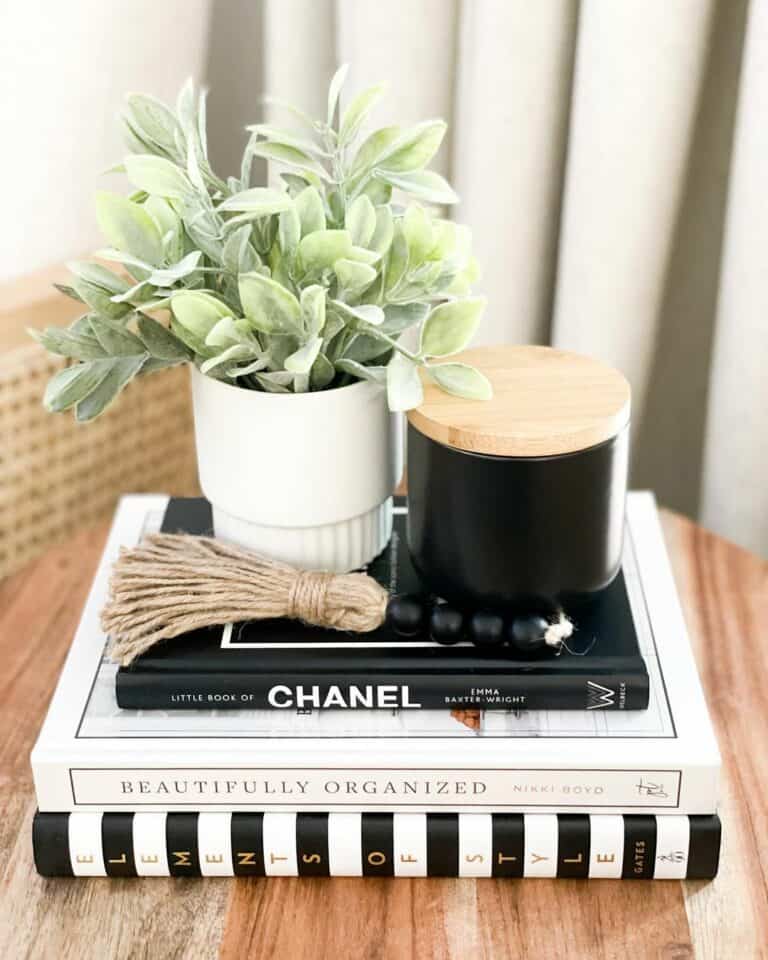 Wooden Side Table With Black and White Décor
