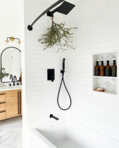 Wooden Sink Vanity in Black and White Bathroom