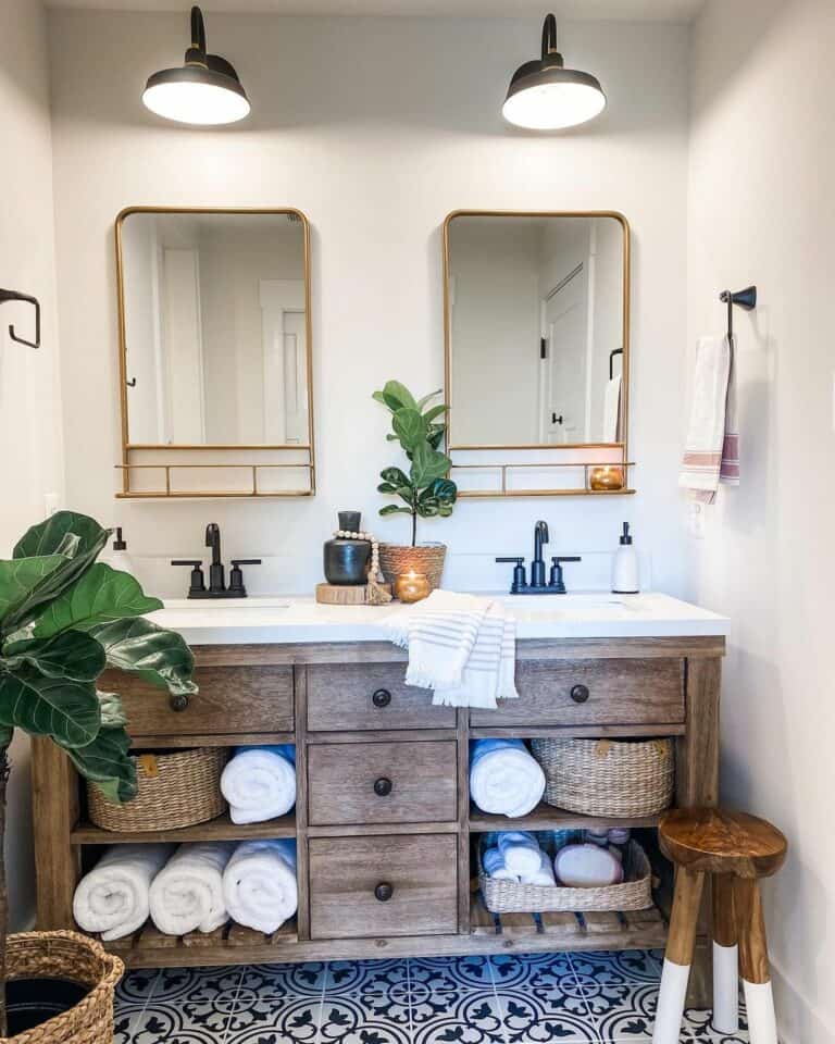 Wooden Vanity Placed on Mosaic Tile Flooring